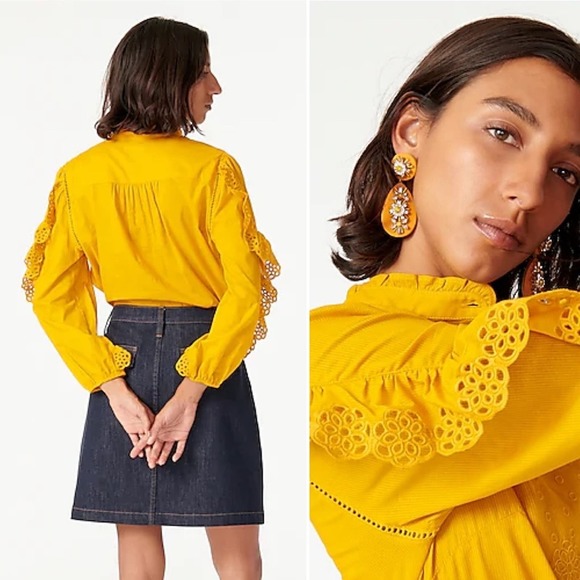 J. Crew Ruffle-Sleeve Embroidered Eyelet Top in Mustard Size Medium - Picture 2 of 10